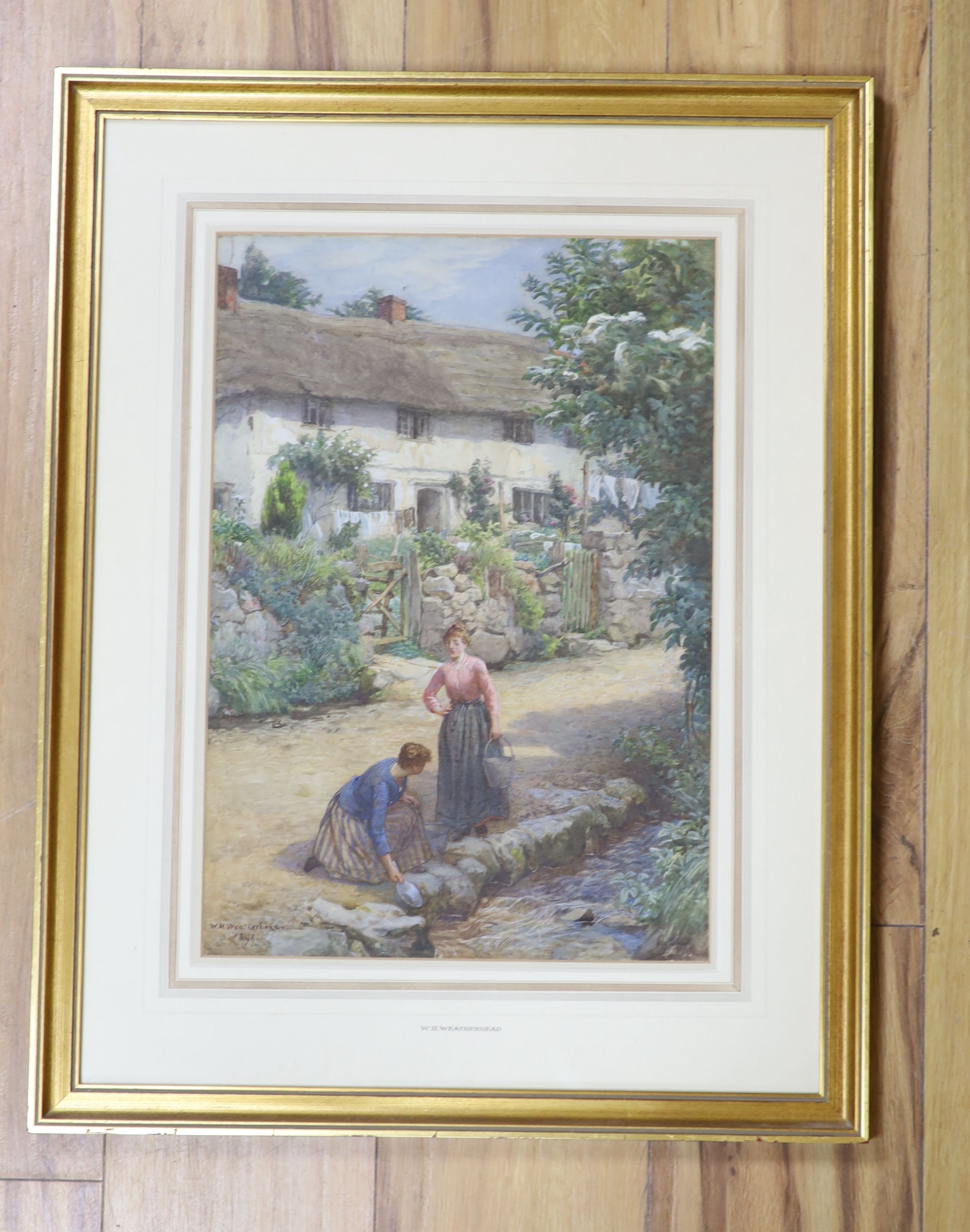 William Harris Weatherhead (1843-1903), watercolour, Women beside a stream, cottages beyond, signed and dated 1891, 43 x 29cm